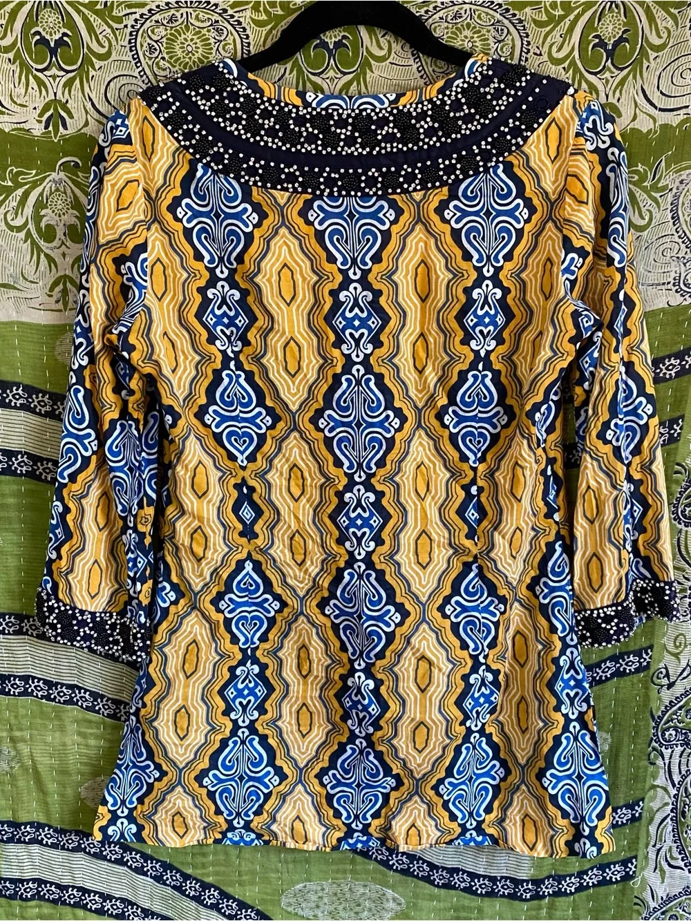 Tory Burch Odie Yellow/ Blue/ White Embellished Tunic Blouse Medium Resort Wear